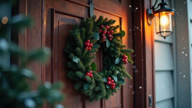 Wreath of holly and red berries hanging on old wooden door, soft snow drifting past, warm porch light glowing, gentle slow zoom.
