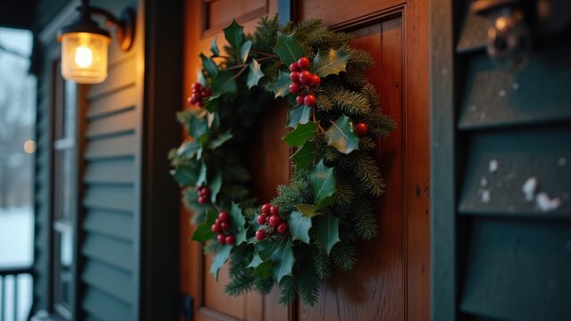Wreath of holly and red berries hanging on old wooden door, soft snow drifting past, warm porch light glowing, gentle slow zoom.