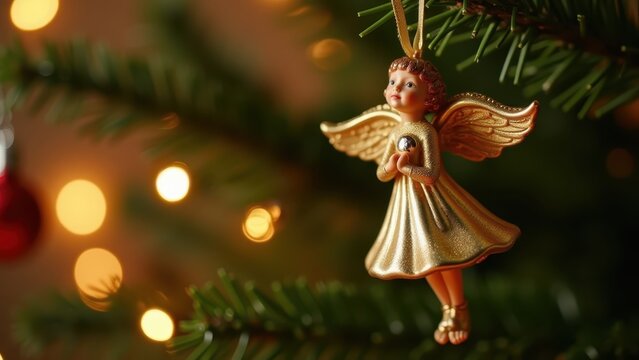 Golden angel figurine ornament spinning slowly on Christmas tree branch, twinkling lights blurred behind, macro cinematic shot.