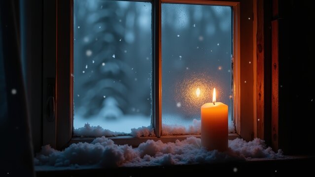 Frosted window with candle silhouette glowing warmly inside, snow falling outside in slow motion, cozy winter night atmosphere.