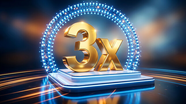 Luxurious Golden 3x Multiplier Symbol on Award Podium with Blue Neon Light Arc