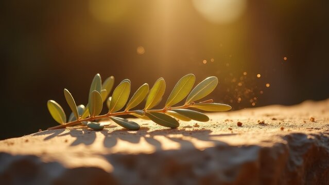 Golden olive branch resting on stone altar, soft warm light, dust particles floating, symbolic peace, slow cinematic close-up.