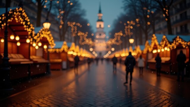 Christmas market string lights glowing over empty cobblestone square, soft snow falling, warm bokeh, gentle drone drift shot.