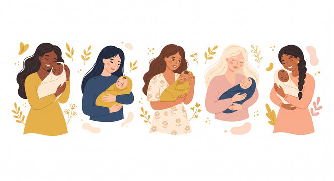 Set of diverse multicultural mothers holding their newborn babies isolated on white background illustration.