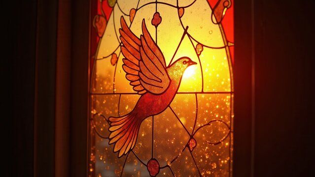 Stained glass dove window glowing at sunset, warm colors shifting slowly, dust motes floating, peaceful cinematic close-up shot.