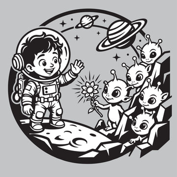 Chłopiec Astronauta z Kosmicznymi Stworzeniami na Planecie Czarno-Biała Ilustracja Wektorowa