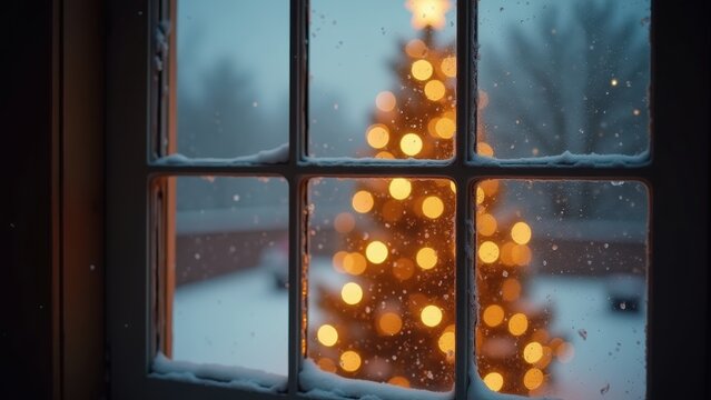 Christmas tree lights reflecting in frosted windowpane, soft snow falling outside, warm golden bokeh, gentle slow motion zoom.