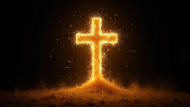 Particles of golden dust converging to form a glowing cross silhouette, dark background, slow motion assembly, spiritual abstract mood.