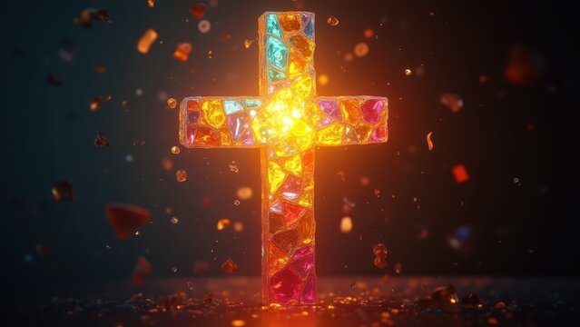 Abstract stained glass fragments floating and assembling into a glowing cross, colorful light shifting, slow motion cinematic build.