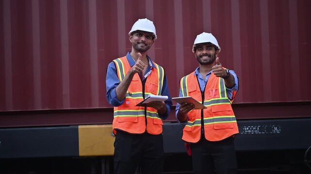 Portrait engineer under inspection and checking construction process railway switch and checking work on railroad station .Engineer wearing safety uniform and safety helmet in work.	