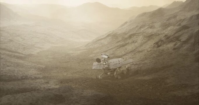 Mars Opportunity rover navigates the rugged terrain of the red planet, analyzing soil and rocks under dusty skies, contributing to our understanding of Martian geology.
