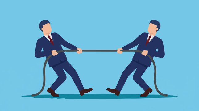 Two businessmen engaged in tug-of-war, symbolizing business competition and conflict