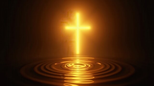 Ripples of golden light expanding from a glowing cross center, dark abstract background, slow motion, peaceful sacred pulse.