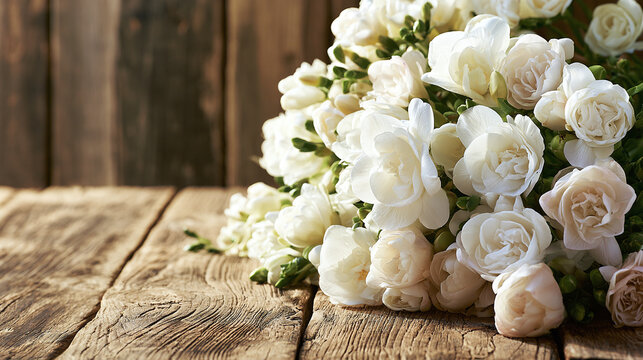 Fresh white freesia flower bouquet on vintage rustic brown wooden table