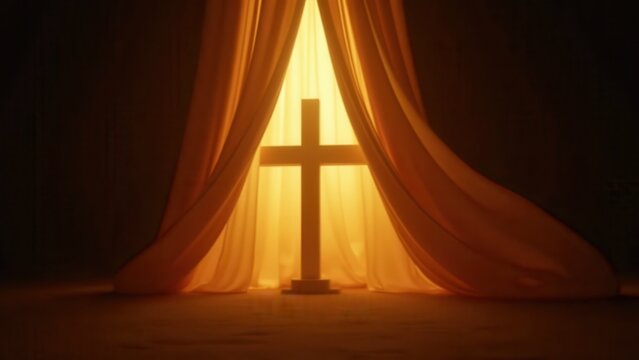 Abstract flowing fabric of golden light draping to reveal a cross silhouette, dark background, slow graceful cinematic motion.