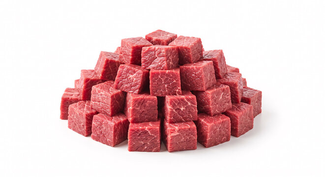 Pile of raw beef meat cubes isolated on white background