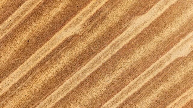 Aerial harvested field texture. Diagonal stubble rows across harvested rapeseed farmland with geometric agricultural pattern after successful crop collection. Precision agriculture background for post
