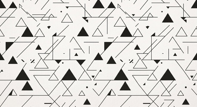 Black and white seamless geometric pattern with abstract triangles and thin lines