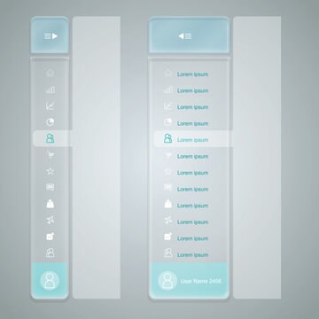 Glassmorphism Sidebar Navigation UI Kit, Collapsed and Expanded States.