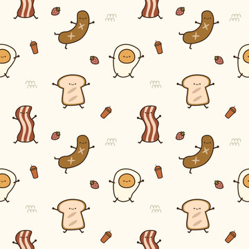 Breakfast happy hand drawn cartoon so cute. On bacon bread sausage fried egg drinks strawberry background. Pattern seamless vector illustration. 