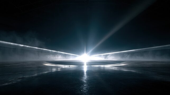 Empty stage with icy white light and mist
