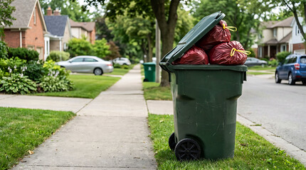 Obraz premium Overflowing green garbage bin with red trash bags on suburban sidewalk street