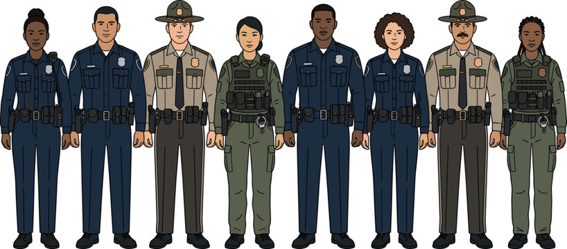 Law Enforcement and Police Officer Character Vector Set Featuring Diverse Men and Women in Uniforms, State Trooper Suits, and Tactical Duty Gear