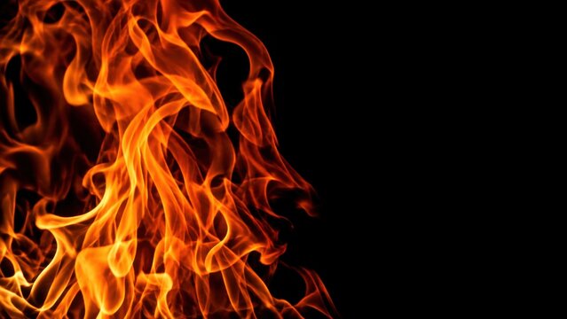Orange fire flames burning isolated on black background close-up