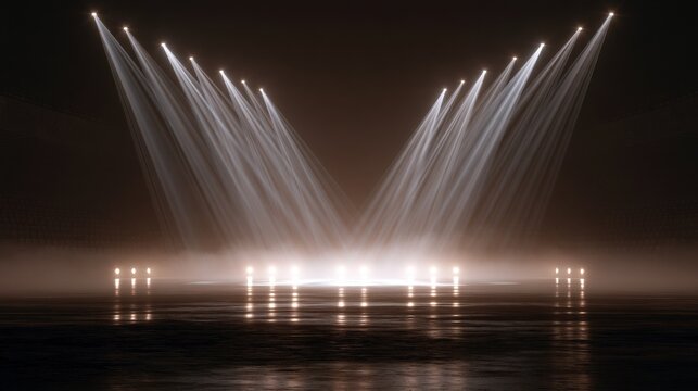 Empty stage with glowing spotlights and light beams