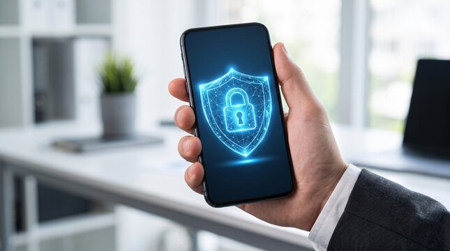 Hand holding smartphone with security shield
