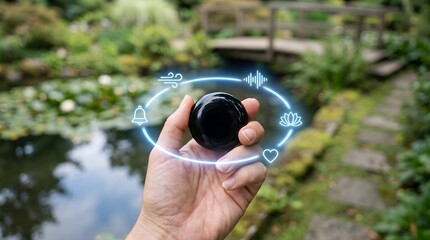 Fototapeta premium Hand holding a smartphone with holographic interface bubbles over a pond in a garden.