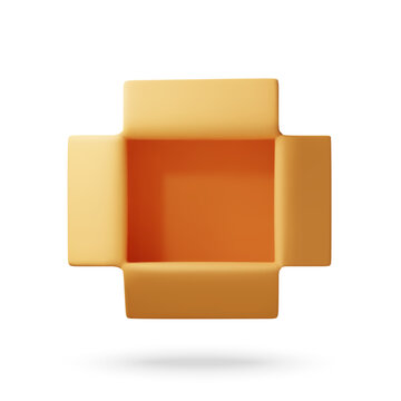 Open cardboard box top view 3d render. Empty carton package with open flaps isolated on white background. Delivery, shipping and storage concept for parcel and logistics design