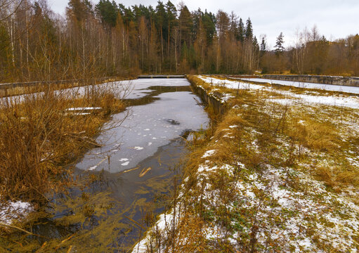 Low-angle view of shallow marsh pools partially covered with thin ice and open water, separated by narrow earthen berms lined with brown dead grasses and patches of