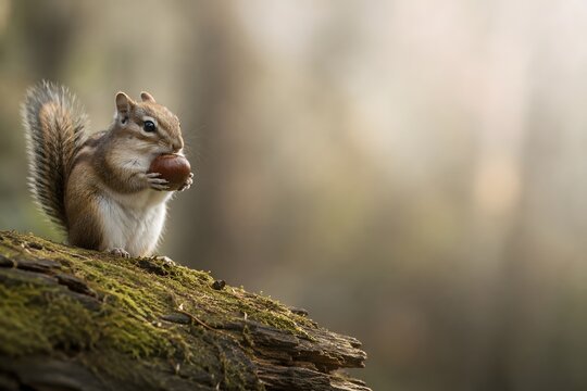 Squirrel holding a chestnut on a mossy log in autumn