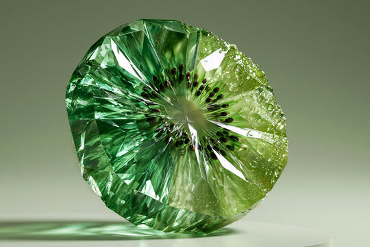 Premium 3D render of a fresh kiwi slice fused with faceted green emerald crystal and water droplets