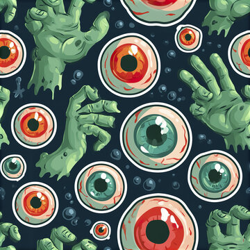 Kawaii zombie party seamless pattern with playful green zombie hands and colorful eyeballs on dark background