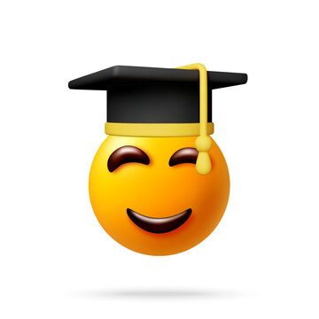 Smiling emoji face with graduation cap. 3d rendered happy emoticon wearing mortarboard with tassel. Education and graduation celebration concept. Student achievement icon.