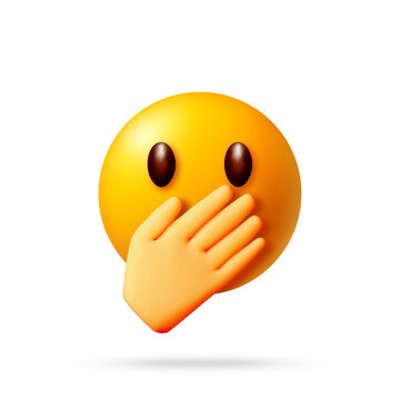 3d emoji covering mouth with hand. Yellow smiley face showing shock, surprise or secret emotion. Cute cartoon character icon for messenger and social media reaction.