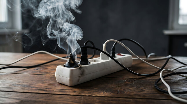 Danger of electrical fire from smoking power strip with overloaded sockets