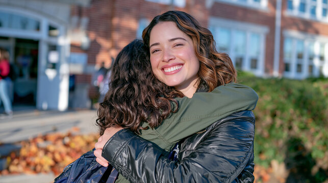 Happy mother hugging her school age daughter outside a historic brick school building, daughter carrying a backpack and smiling with relief and joy, touching reunion after the school day, autumn lea