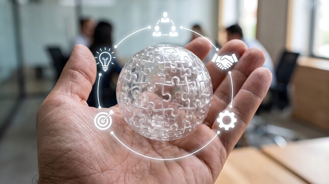 Close-up of a hand pinching a digital globe with interconnected cloud icons floating around it.