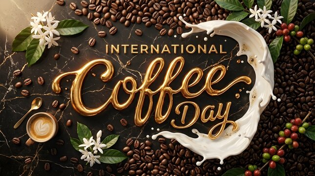 International Coffee Day gold lettering with roasted beans and milk splash on marble background