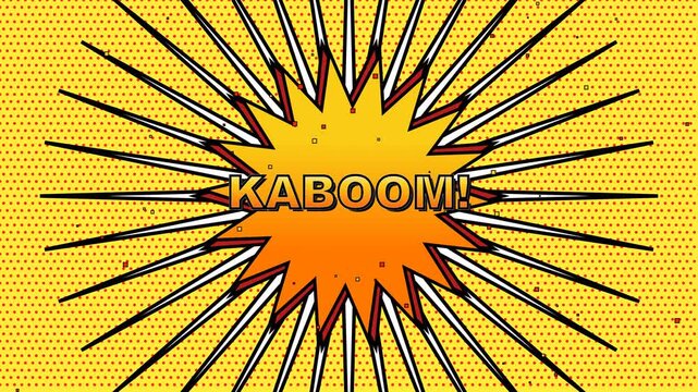 Kaboom comic book explosion animation featuring vibrant yellow burst rays and retro halftone patterns for high energy motion video footage