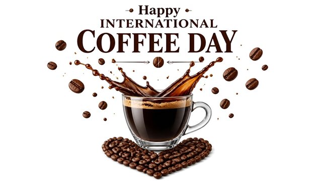 International Coffee Day banner with splashing cup and heart beans