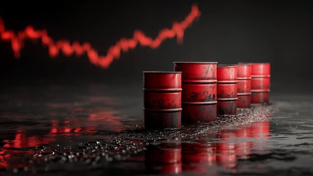 leaking oil barrels with red market chart graph on dark background. symbolizing rising energy prices. oil and gas price explosion