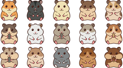 Fototapeta premium Cute Hamster Vector Character Illustration Set with Various Breeds and Colors Eating Seeds and Sitting for Pet Shop and Children Design Collections