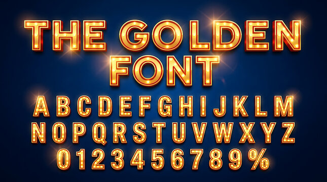 Dazzling Vintage Marquee Light Bulb Font Display with Glowing Golden Letters and Numbers Set for Captivating Design Projects