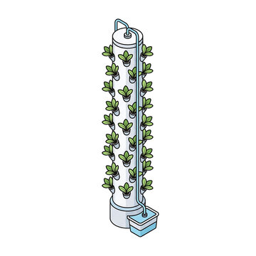 Hydroponics Isometric Scene, Vertical hydroponic farming tower with green leafy plants vector icon