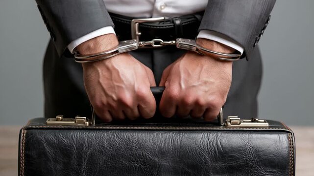 Businessman handcuffed holding briefcase suit, symbolizing legal trouble and corporate crime with serious consequences office