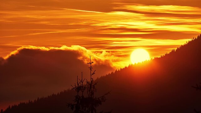 Timelapse of Bright Sun Setting Behind Forested Mountain Ridge